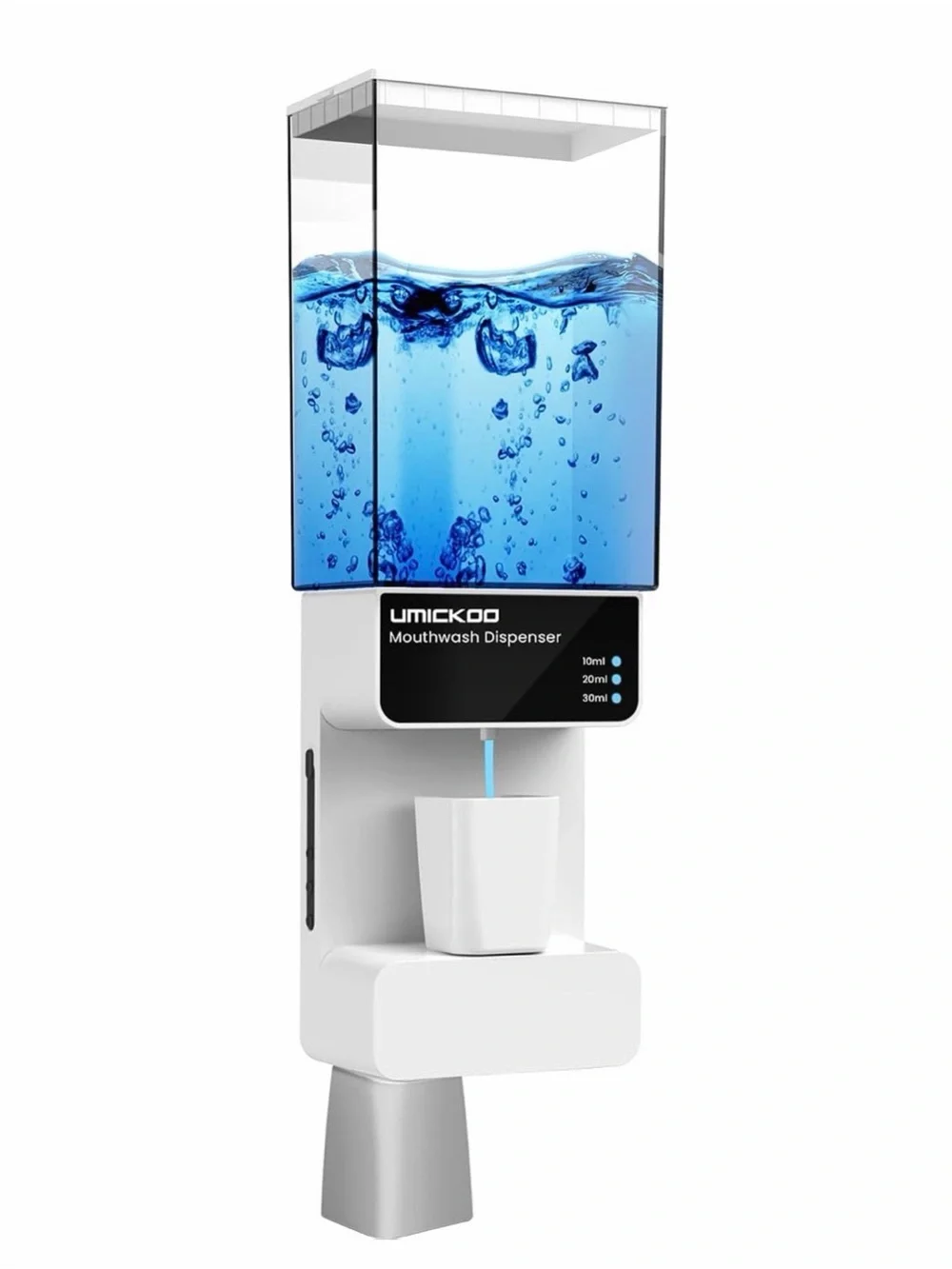 White Mouthwash Dispenser with Blue Reservoir